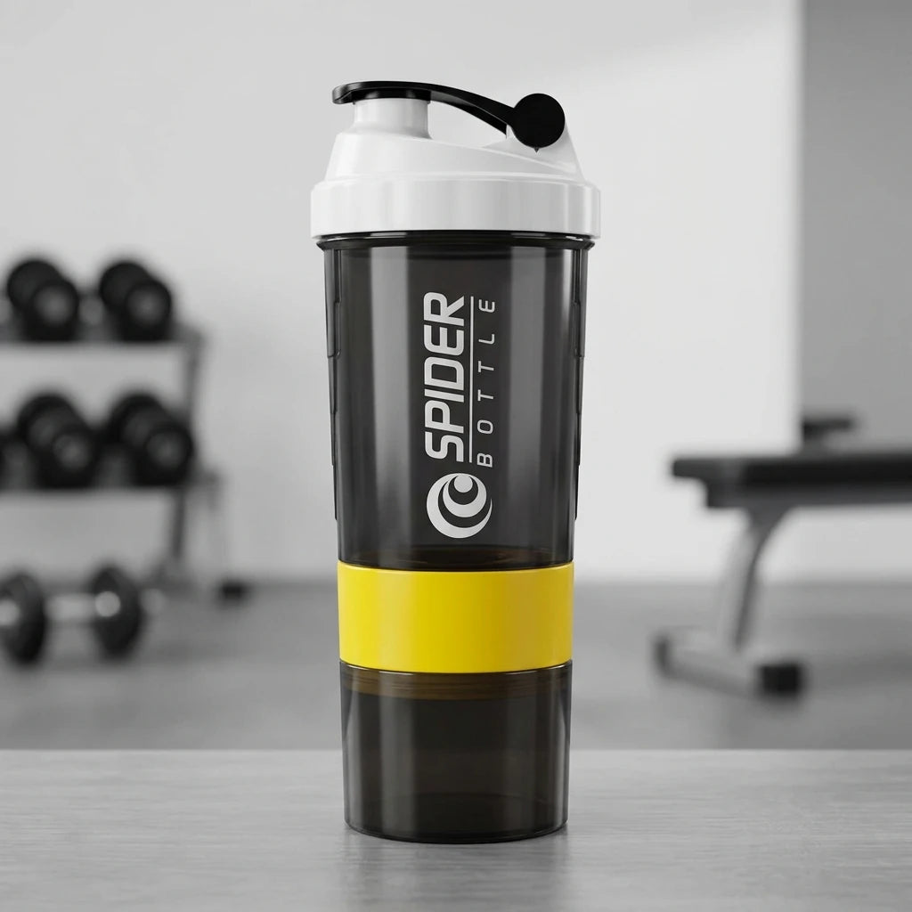 PrimeFit 3-Layer Protein Shaker Bottle – 550ml Sports Shake Cup with Storage Compartment