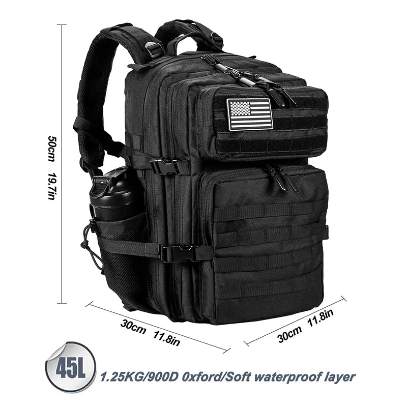 PrimeFit Tactical 45L Gym & Travel Backpack – Waterproof Fitness Rucksack with Shoe & Bottle Storage