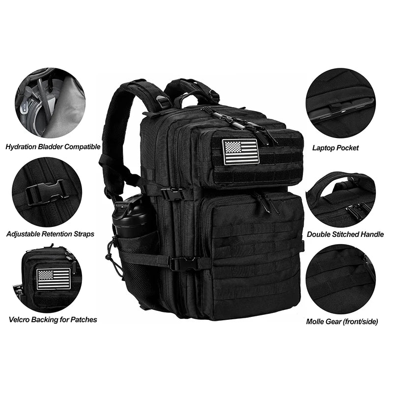 PrimeFit Tactical 45L Gym & Travel Backpack – Waterproof Fitness Rucksack with Shoe & Bottle Storage