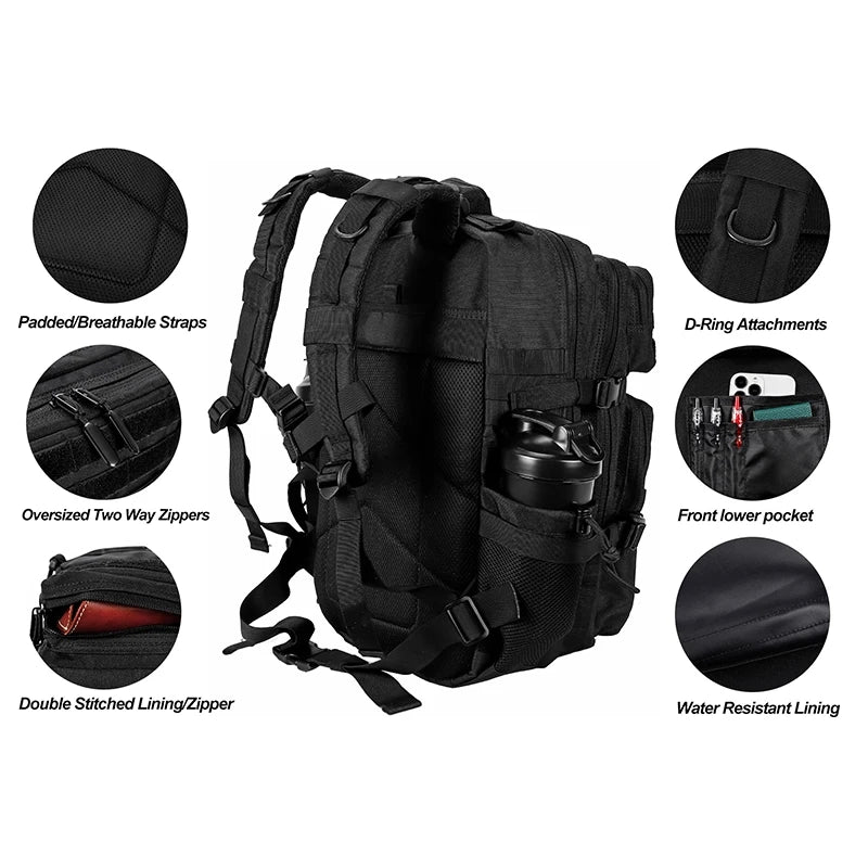PrimeFit Tactical 45L Gym & Travel Backpack – Waterproof Fitness Rucksack with Shoe & Bottle Storage