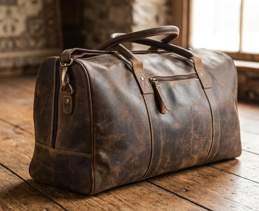 PrimeFit Premium Leather Gym Duffel Bag – 24” Travel & Overnight Sports Weekender Bag