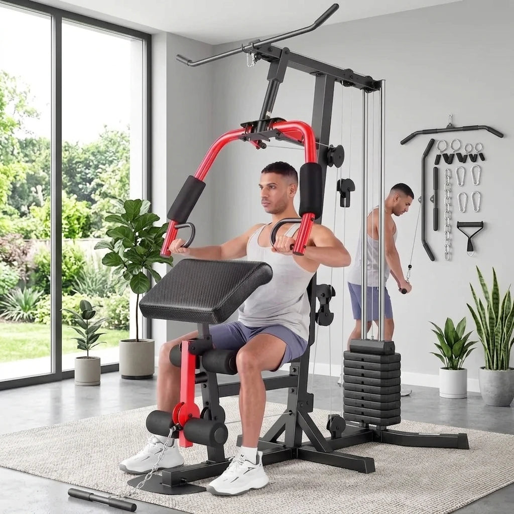 PrimeFit All-in-One Home Gym Station – Multi-Function Strength Training System with Pulley & Seated Row