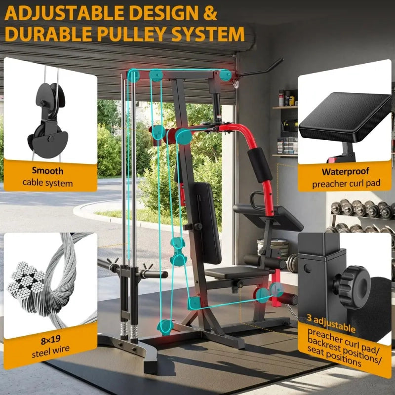 PrimeFit All-in-One Home Gym Station – Multi-Function Strength Training System with Pulley & Seated Row