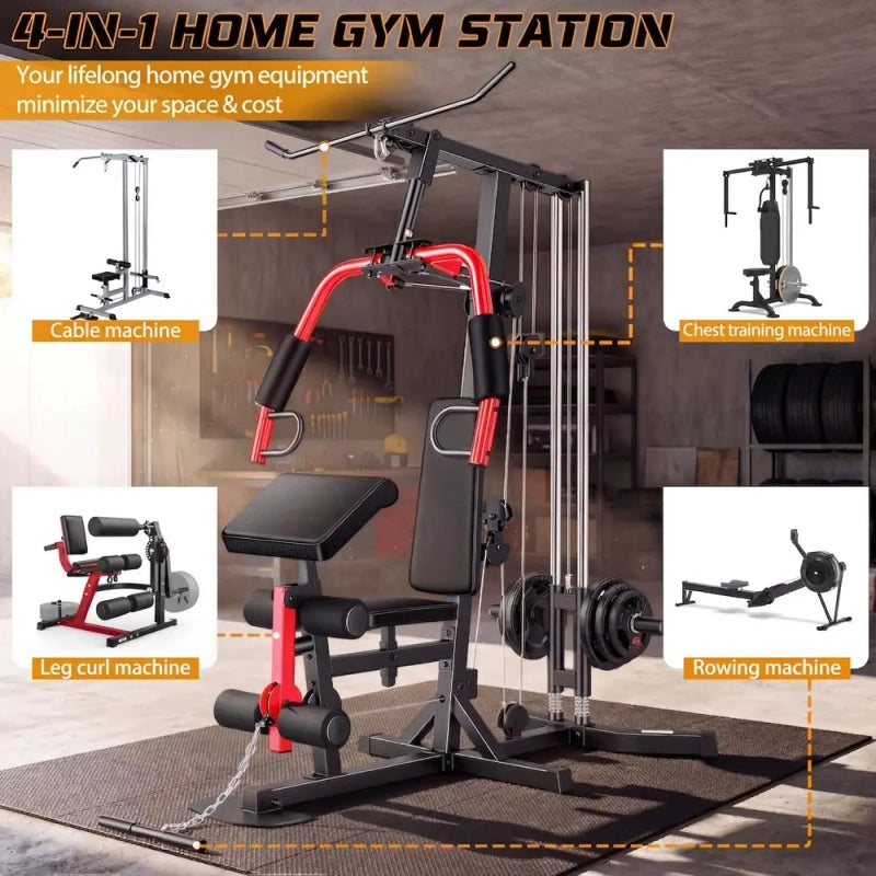 PrimeFit All-in-One Home Gym Station – Multi-Function Strength Training System with Pulley & Seated Row