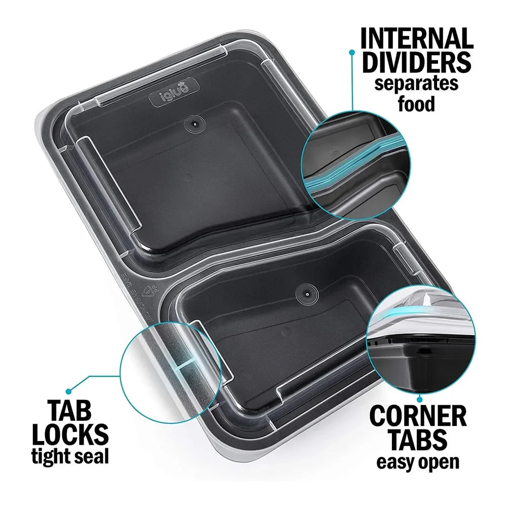 2-Compartment BPA-Free Meal Prep Containers – Rectangular Stackable Lunch Boxes (Microwave & Freezer Safe)