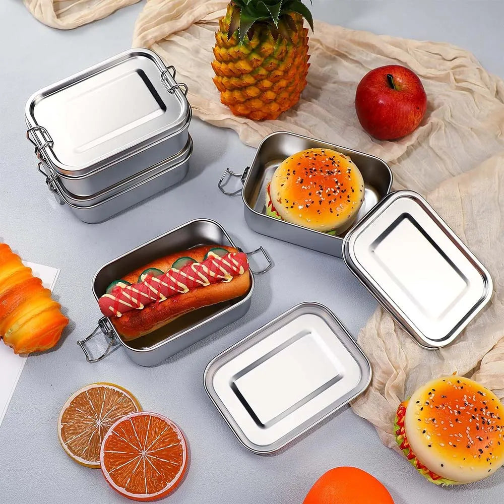 4-Piece Stainless Steel Bento Boxes – Lockable Metal Lunch & Snack Containers
