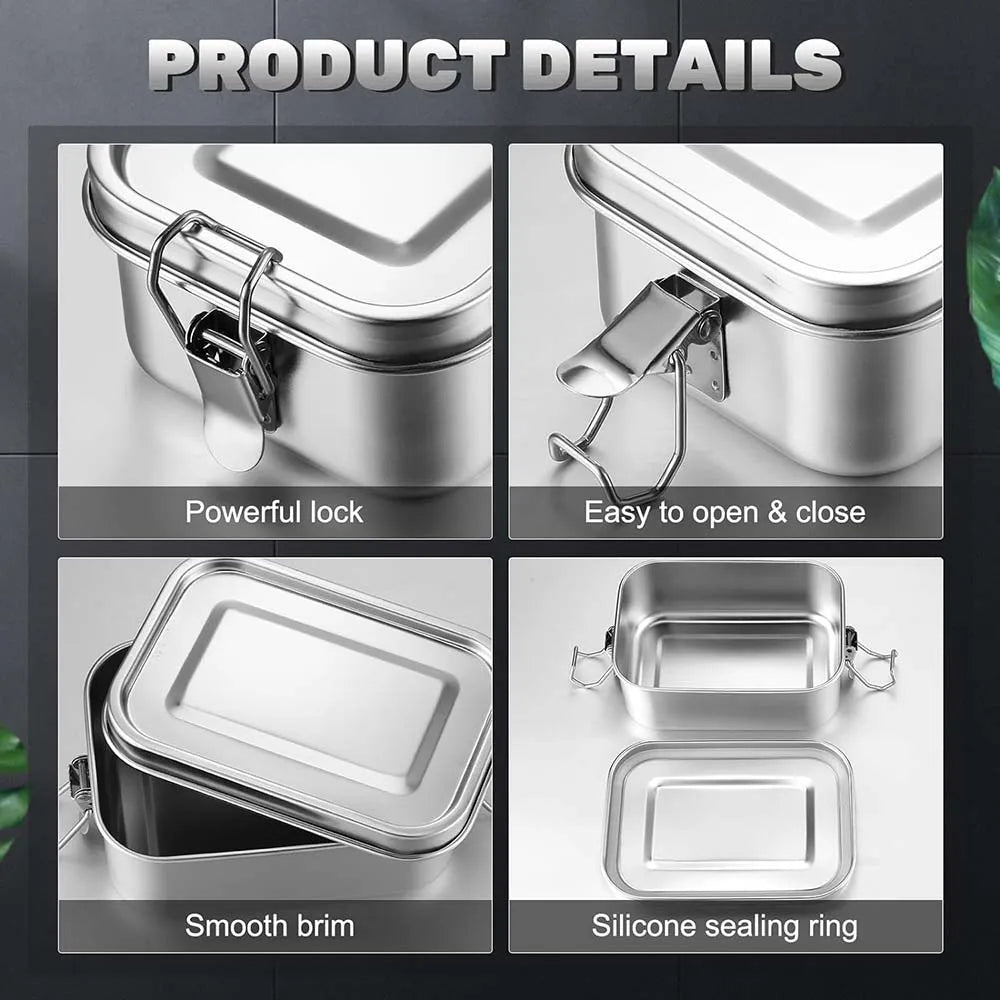 4-Piece Stainless Steel Bento Boxes – Lockable Metal Lunch & Snack Containers