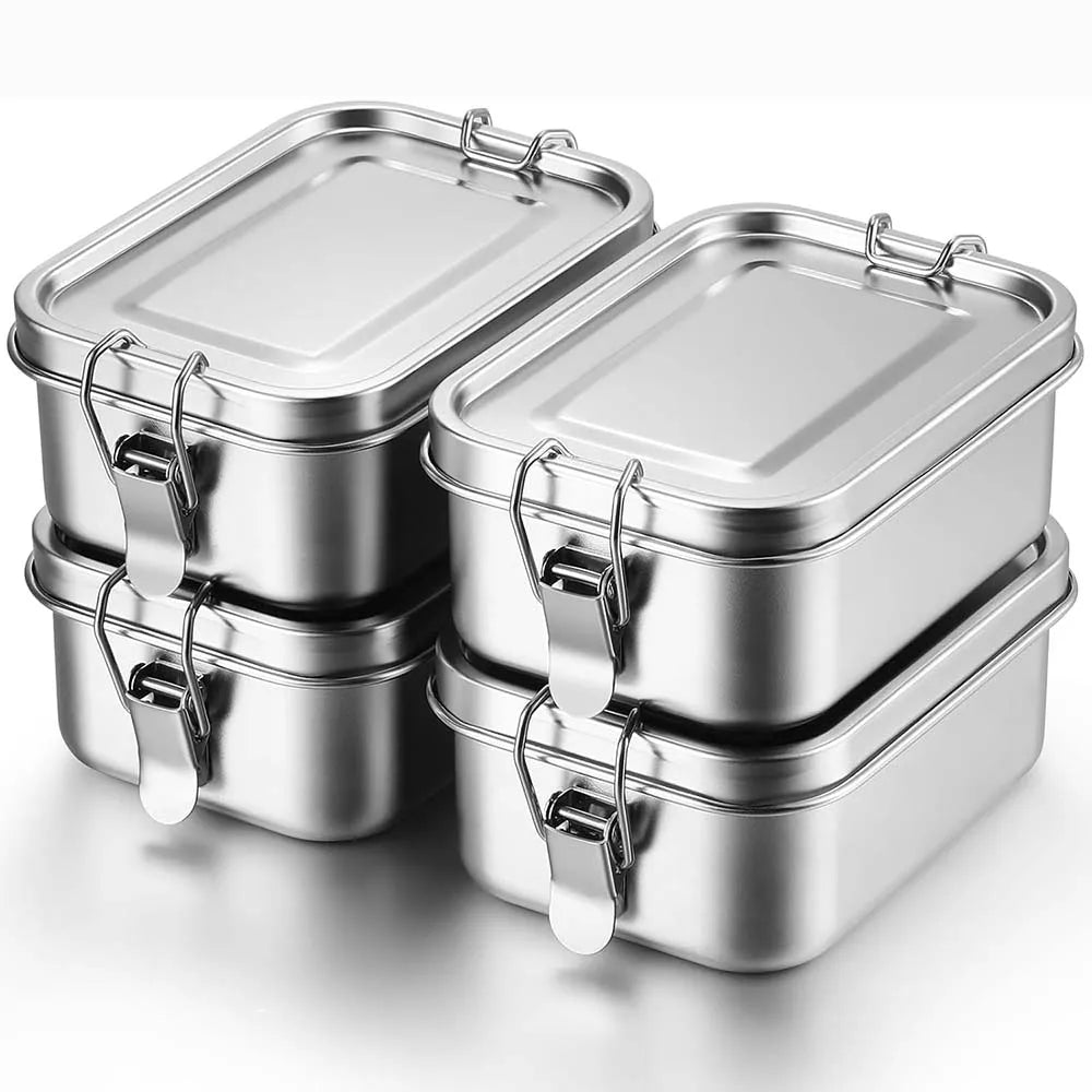 4-Piece Stainless Steel Bento Boxes – Lockable Metal Lunch & Snack Containers