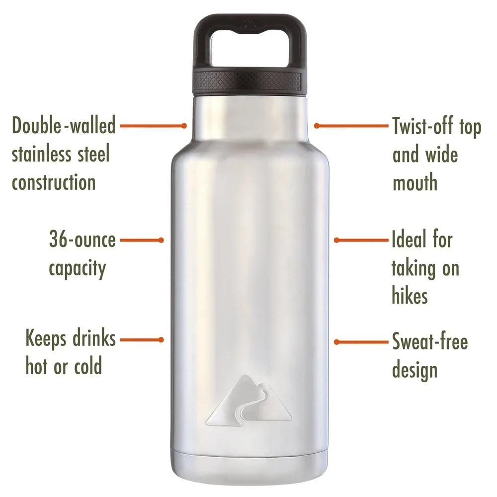 36oz Double-Wall Insulated Stainless Steel Water Bottle – Wide Mouth for Hiking & Camping