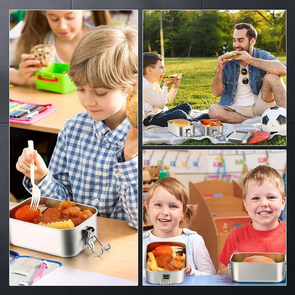 4-Piece Stainless Steel Bento Boxes – Lockable Metal Lunch & Snack Containers
